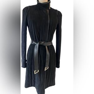 Gucci Black wool Coat w Leather Trim Belted Military Style Made in Italy